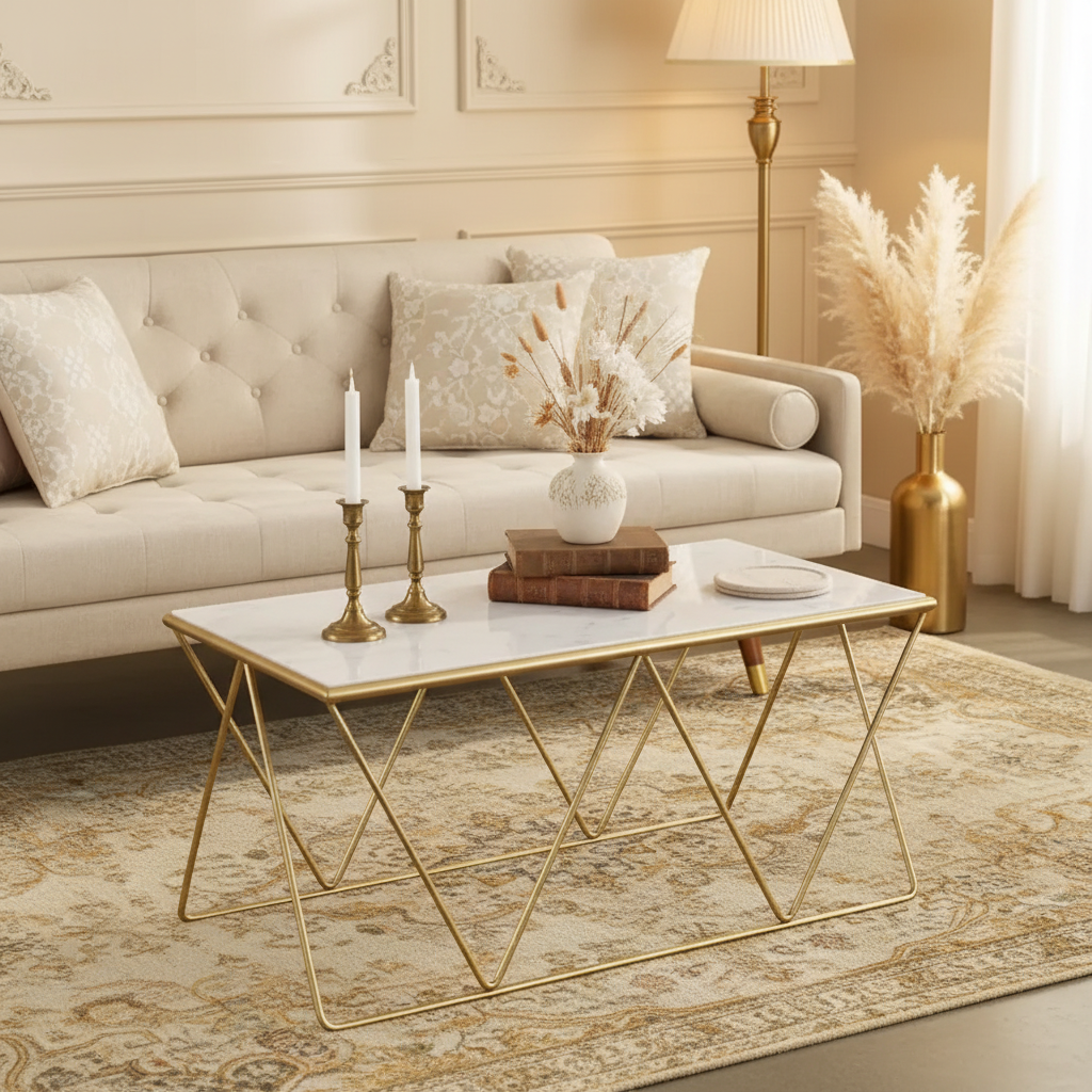 Table basse à plateau en marbre faite à la main, style glamour moderne