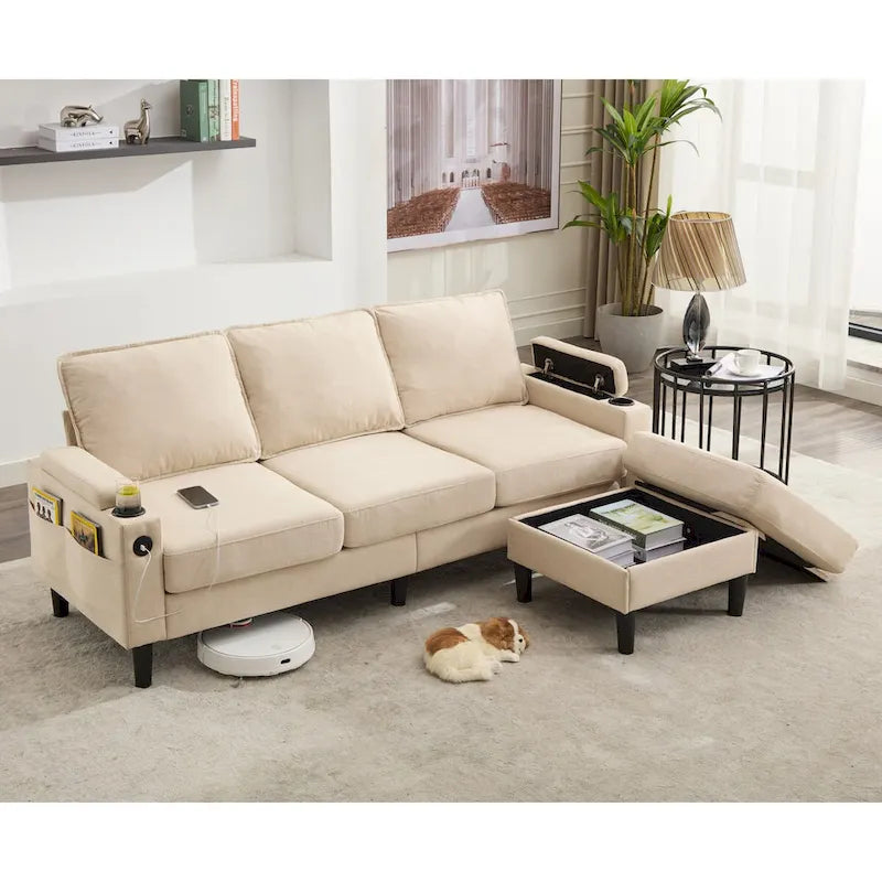 Canapé 3 places rembourré avec pouf de rangement